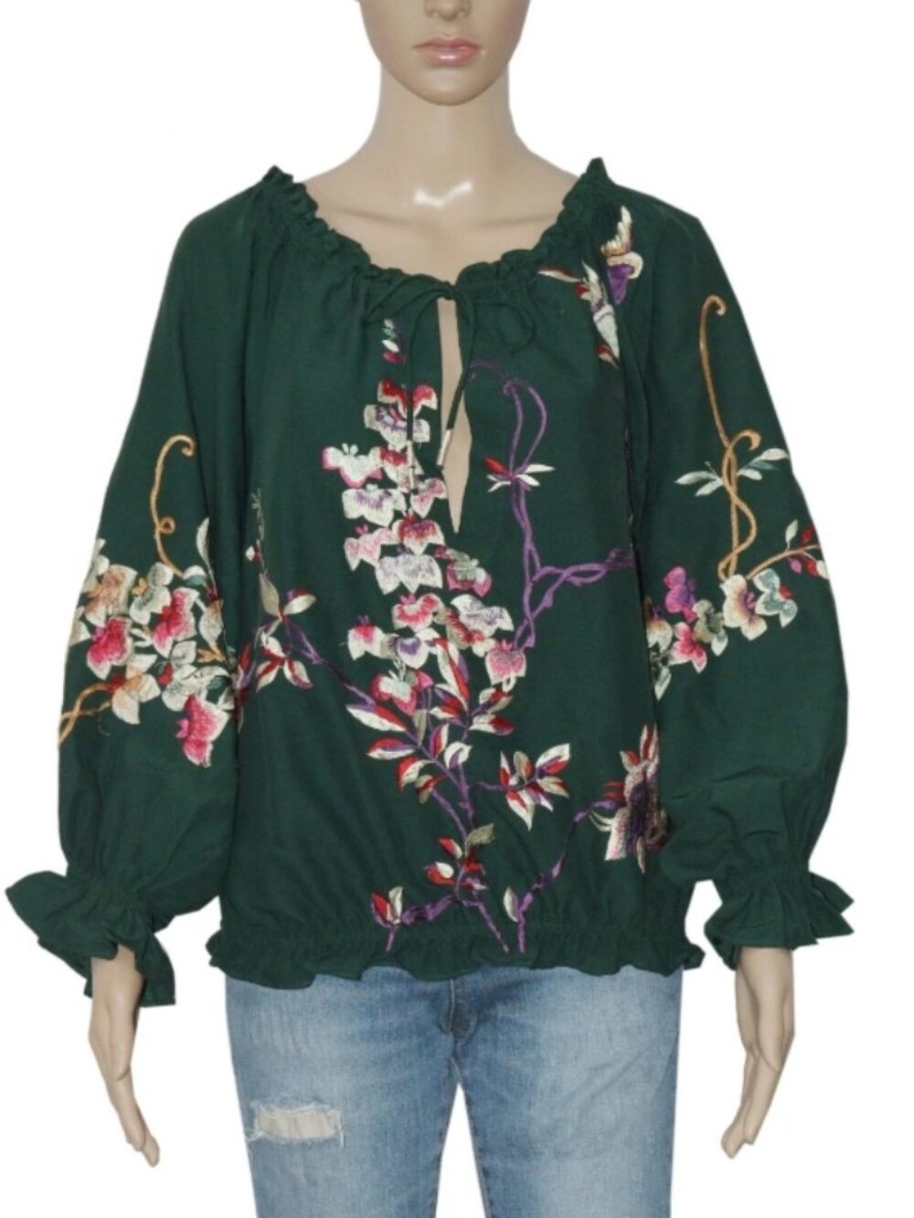 Free People Floral Embroidered Raglan Sleeve Green Ruffle Tie Blouse Top XL